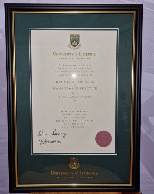 University of Limerick Parchment Frame (CLICK & COLLECT ONLY) (CANNOT BE POSTED)
